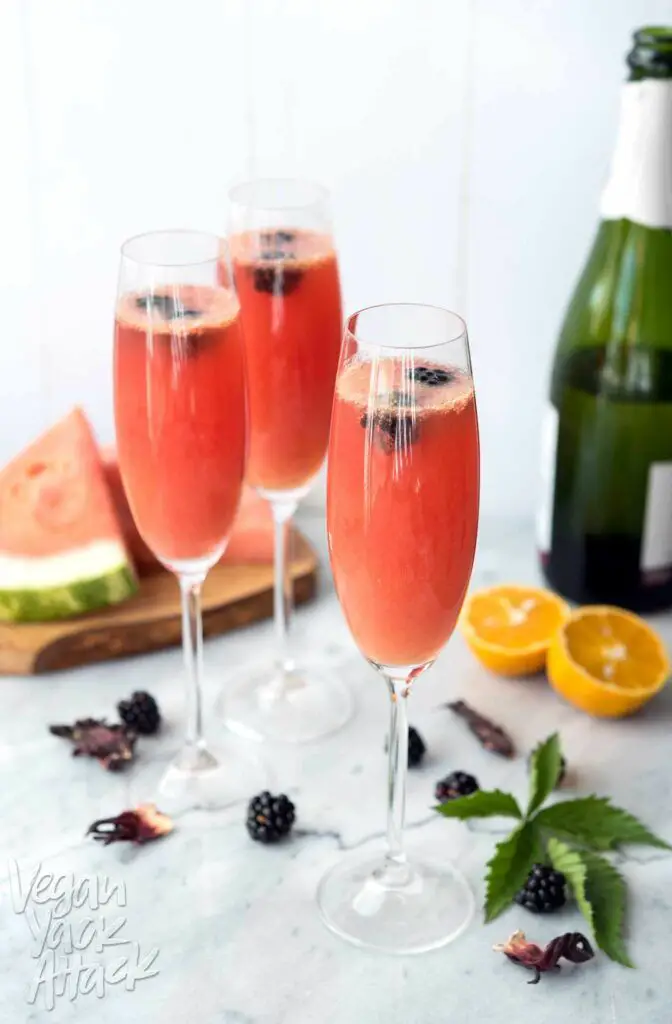 Watermelon Hibiscus Mimosas on Pinterest via VeganYackAttack.com - Galentine's Day Date Ideas