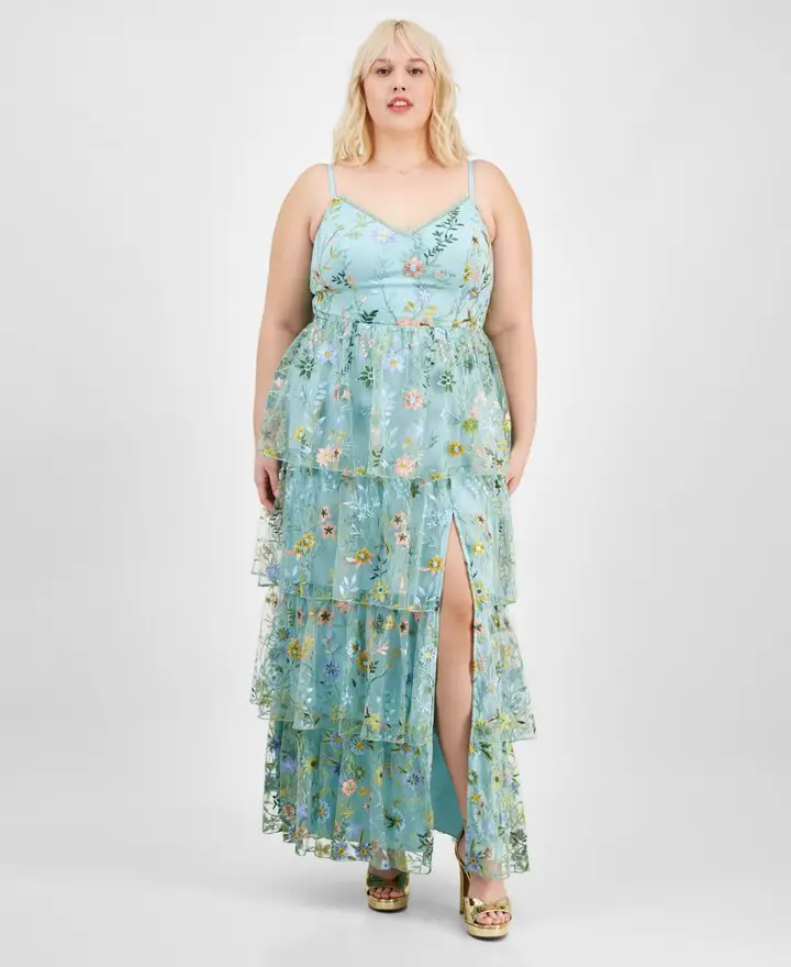 city studios trendy plus size floral embroidered tiered sleeveless gown created for macys lt pas grn